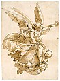Fame, Luca Cambiaso (Italian, Moneglia 1527–1585 Madrid) (?), Pen and brown ink, brown wash, over traces of black chalk.