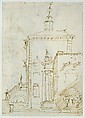 A Magnificent Pavilion by the Lagoon (recto); The Grand Canal, with the Rialto Bridge from the South (verso), Canaletto (Giovanni Antonio Canal) (Italian, Venice 1697–1768 Venice), Pen and brown ink, over traces of graphite