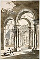 A Colonnade, Partly Ruined, with Figures, Francesco Guardi (?) Italian, Pen and brown ink, brown and gray wash
