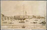 Panorama of Venice from the Bacino di San Marco, Including the Project for the Proposed Teatro Manin, Francesco Guardi  Italian, Pen and brown ink, gray wash, and a little body color