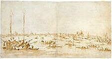 Panaromic View of the Bacino di San Marco, Looking up the Giudecca Canal, Francesco Guardi  Italian, Pen and brown ink, light brown wash, on two sheets of paper, joined.