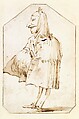 Caricature of a Man in a Mask and a Cloak, Holding a Muff and a Tricorne, Standing in Profile to the Left, Giovanni Battista Tiepolo Italian, Pen and brown ink, brown wash