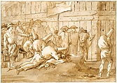 Punchinellos Outside a Circus, Giovanni Domenico Tiepolo (Italian, Venice 1727–1804 Venice), Pen and brown ink, brown wash, over black chalk