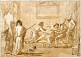 Punchinello's Mother (?) Sick in Pregnancy, Giovanni Domenico Tiepolo (Italian, Venice 1727–1804 Venice), Pen and brown ink, brown wash, over black chalk