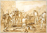 Punchinello Retrieving Dead Fowls from a Well, Giovanni Domenico Tiepolo (Italian, Venice 1727–1804 Venice), Pen and brown ink, brown wash, over black chalk