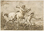Satyr Leading a Centaur, Who Carries a Club, Bow and Quiver, Outside the Walls of a City, Giovanni Domenico Tiepolo (Italian, Venice 1727–1804 Venice), Pen and brown ink, brown-gray wash, over traces of black chalk