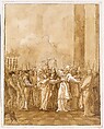The Betrothal of the Virgin, Giovanni Domenico Tiepolo (Italian, Venice 1727–1804 Venice), Pen and brown ink, brown wash, over black chalk.