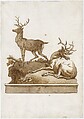 Two Stags, One Standing and One Lying, on a Grassy Knoll (with a Base), Giovanni Domenico Tiepolo  Italian, Pen and brown ink, brown wash, over traces of black chalk