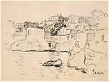 View of the Town of Endoume, Albert André (French, Lyons 1869–1954 Laudun), Pen and black ink on gray laid paper mounted on a sheet of heavy, cream-colored paper that has been run through a dry press to produce an embossed rectangle, slightly larger than, but proportional to the drawing