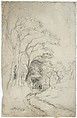 Country Road Landscape with Trees (recto); Landscape with Trees (verso), Charles-François Daubigny (French, Paris 1817–1878 Paris), Black chalk on pink-gray faded laid paper overlaid wth white wash, probably from a sketch pad.