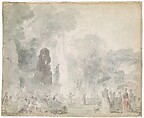 View of a Park, Jean Honoré Fragonard (French, Grasse 1732–1806 Paris), Black chalk with gray wash and touches of green and pink watercolor over pencil underdrawing; verso: black chalk.