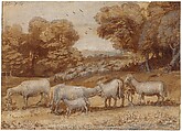 Landscape with Sheep, Claude Lorrain (Claude Gellée)  French, Black chalk, sepia ink and wash, heightened with white gouache.