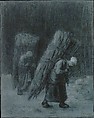 Women Carrying Faggots, Jean-François Millet (French, Gruchy 1814–1875 Barbizon), Charcoal heightened with white gouache, charcoal border, on heavy laid gray-blue paper