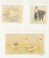 Three Sketches-Two Geese Walking; Peasant Woman with a Cow; Goose Hiding its Head, Alfred Sisley (British, Paris 1839–1899 Moret-sur-Loing), Three separate sheets of varying sizes, with the same mediums and supports: graphite and colored crayon on buff wove paper, darkened