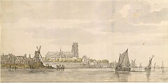View of the Groote Kerk in Dordrecht from the River Maas, Aelbert Cuyp (Dutch, Dordrecht 1620–1691 Dordrecht), Black chalk and moistened black chalk, gray wash (mainly in the clouds, water and sails), greenish yellow and grayish green wash (in the trees and under the houses at the left), and touches of brown chalk (in and under the houses at the left and on the large sailboat).