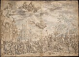 The Triumphal Entry of Frederik Hendrik of the Orange into The Hague, David Vinckboons (Netherlandish, Mechelen 1576–1629 Amsterdam), Pen and brown ink, gray and blue and brownish gray washes over black chalk.