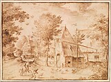 Travelers at a Village, Copy after Joos van Liere (Master of the Small Landscapes), Pen and brown ink, gray wash, Flemish