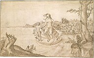 Venus and Cupid on a Snail, Hans Brosamer  German, Pen and brown ink and gray brown wash over preliminary drawing in black chalk or charcoal.