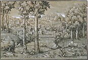 Imaginary Landscape, Hanns Lautensack  German, Pen and dark brown ink and brush and grayish blue watercolor, washed in blue, heightened with brush and opaque white, on greenish blue prepared paper.