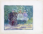 Large Boston Public Garden Sketchbook:  A  woman and two girls sitting in the park, Maurice Brazil Prendergast   American, Recto: watercolor over pencil; bordered in pencil and watercolor