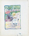 Large Boston Public Garden Sketchbook: A girl riding a tricycle in the park, Maurice Brazil Prendergast American, Recto: watercolor over pencil, bordered in pencil and watercolor