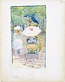 Large Boston Public Garden Sketchbook: A mother pushing her baby in a perambulator, with her daughter at her side, Maurice Brazil Prendergast American, Recto: watercolor over pencil, bordered in pencil and watercolor
