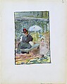 Large Boston Public Garden Sketchbook: A mother sitting at the edge of a pond with her baby and a young daughter, Maurice Brazil Prendergast American, Recto: watercolor over pencil, bordered in pencil and watercolor