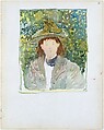 Large Boston Public Garden Sketchbook: A woman with red hair wearing a green plumed hat., Maurice Brazil Prendergast   American, Recto: watercolor over pencil, bordered in pencil and watercolor