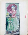 Large Boston Public Garden Sketchbook: Two young girls and a woman with a parasol, Maurice Brazil Prendergast   American, Recto: watercolor over pencil, bordered in pencil and watercolor; Verso: pen and red ink and pencil