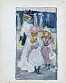 Large Boston Public Garden Sketchbook: Two girls and a woman in a veiled hat, Maurice Brazil Prendergast   American, Recto: watercolor over pencil, bordered in pencil and watercolor