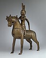Aquamanile in the Form of a Knight on
Horseback, Bronze; Quaternary copper alloy with a high content of zinc (approx. 73% copper, approx. 15% zinc, approx. 7% lead, approx. 3% tin) with natural patina, hollow cast; remnants of the clay core
and iron armature in the legs, German, Lower Saxony (?)