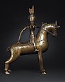 Aquamanile in the Form of a Knight on
Horseback, Bronze; Quaternary copper alloy with a high content of zinc (approx. 73% copper, approx. 15% zinc, approx. 7% lead, approx. 3% tin) with natural patina, hollow cast; remnants of the clay core
and iron armature in the legs, German, Lower Saxony (?)