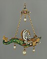 Pendant with Venus and Cupid on a Dolphin, Reinhold Vasters or German, enameled gold, rubies, and pearls