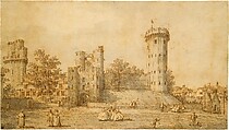 Warwick Castle: The East Front, Canaletto (Giovanni Antonio Canal) (Italian, Venice 1697–1768 Venice), Pen and brown ink, gray wash