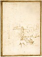 Approach to a Mountain Village with Horsemen on the Road, Fra Bartolomeo (Bartolomeo di Paolo del Fattorino) (Italian, Florence 1473–1517 Florence), Pen and brown ink, traces of black chalk; mounted on an album page