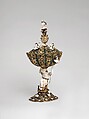 Standing Cup and Cover Supported by an Enchained Turk, Jade (nephrite), aragonite, chalcedony, banded agate, gold, silver gilt, diamonds, rubies, garnets, enamel, and paint., German, perhaps Frankfurt-am-Main