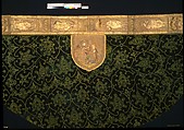 Cope with an Orphrey and a Hood, Cope:  silk warp-float faced 4/1 satin weave with linen plain weave lining.
Orphrey:  linen plain weave with silk and gilt- and silvered- metal strip wrapped silk in satin and split stitches, laid work, couching, and padded couching.  Fringe:  silk, gilt-metal-strip-wrapped silk.  Lining: cotton plain weave.
Hood:  linen plain weave embroidered with silk, gilt- and silvered- metal-strip-wrapped silk, and silvered-metal strips and coils , couching and couching padded with hemp; metal spangles.  Fringe: silk plain weave.  Lining: linen plain weave., Italian, German, Dutch, Spanish