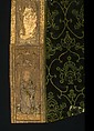 Cope with an Orphrey and a Hood, Cope:  silk warp-float faced 4/1 satin weave with linen plain weave lining.
Orphrey:  linen plain weave with silk and gilt- and silvered- metal strip wrapped silk in satin and split stitches, laid work, couching, and padded couching.  Fringe:  silk, gilt-metal-strip-wrapped silk.  Lining: cotton plain weave.
Hood:  linen plain weave embroidered with silk, gilt- and silvered- metal-strip-wrapped silk, and silvered-metal strips and coils , couching and couching padded with hemp; metal spangles.  Fringe: silk plain weave.  Lining: linen plain weave., Italian, German, Dutch, Spanish