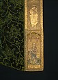 Cope with an Orphrey and a Hood, Cope:  silk warp-float faced 4/1 satin weave with linen plain weave lining.
Orphrey:  linen plain weave with silk and gilt- and silvered- metal strip wrapped silk in satin and split stitches, laid work, couching, and padded couching.  Fringe:  silk, gilt-metal-strip-wrapped silk.  Lining: cotton plain weave.
Hood:  linen plain weave embroidered with silk, gilt- and silvered- metal-strip-wrapped silk, and silvered-metal strips and coils , couching and couching padded with hemp; metal spangles.  Fringe: silk plain weave.  Lining: linen plain weave., Italian, German, Dutch, Spanish