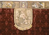 Cope with an Orphrey and a Hood, Cope-silk, 
Lining-linen, cotton weave
Orphrey- linen plain weave embroidered with silk, gilt-animal-substrate-wrapped linen and gilt-metal-strip-wrapped linen
Hood-linen plain weave appliquéd with linen plain weave and embroidered with silk and gilt-metal-strip-wrapped silk, Italian, Spanish, or German