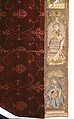 Cope with an Orphrey and a Hood, Cope-silk, 
Lining-linen, cotton weave
Orphrey- linen plain weave embroidered with silk, gilt-animal-substrate-wrapped linen and gilt-metal-strip-wrapped linen
Hood-linen plain weave appliquéd with linen plain weave and embroidered with silk and gilt-metal-strip-wrapped silk, Italian, Spanish, or German