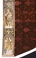 Cope with an Orphrey and a Hood, Cope-silk, 
Lining-linen, cotton weave
Orphrey- linen plain weave embroidered with silk, gilt-animal-substrate-wrapped linen and gilt-metal-strip-wrapped linen
Hood-linen plain weave appliquéd with linen plain weave and embroidered with silk and gilt-metal-strip-wrapped silk, Italian, Spanish, or German