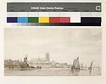 View of the Groote Kerk in Dordrecht from the River Maas, Aelbert Cuyp (Dutch, Dordrecht 1620–1691 Dordrecht), Black chalk and moistened black chalk, gray wash (mainly in the clouds, water and sails), greenish yellow and grayish green wash (in the trees and under the houses at the left), and touches of brown chalk (in and under the houses at the left and on the large sailboat).