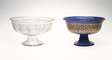 Footed bowl, Colorless (purplish gray) nonlead glass. Blown, pattern molded, enameled, gilt., Italian (Venice)