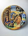 Dish (piatto): Vulcan forging an arrow for Cupid, the "Milan Marsyas" Painter , Urbino, Maiolica (tin-glazed earthenware)