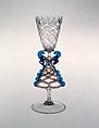 Goblet, Colorless (slightly gray) transparent turquoise blue, and opaque brick red, white, and yellow nonlead glass. Blown, pattern molded, trailed, pincered, "vetro a retorti"., Façon de Venise, probably south Lowlands or Germany