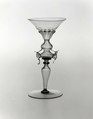 Wineglass (pastiche), Colorless (the bowl slightly tan, the stem and foot gray) nonlead glass. Blown, pattern molded, trailed., Northern European or Italian (Venice)