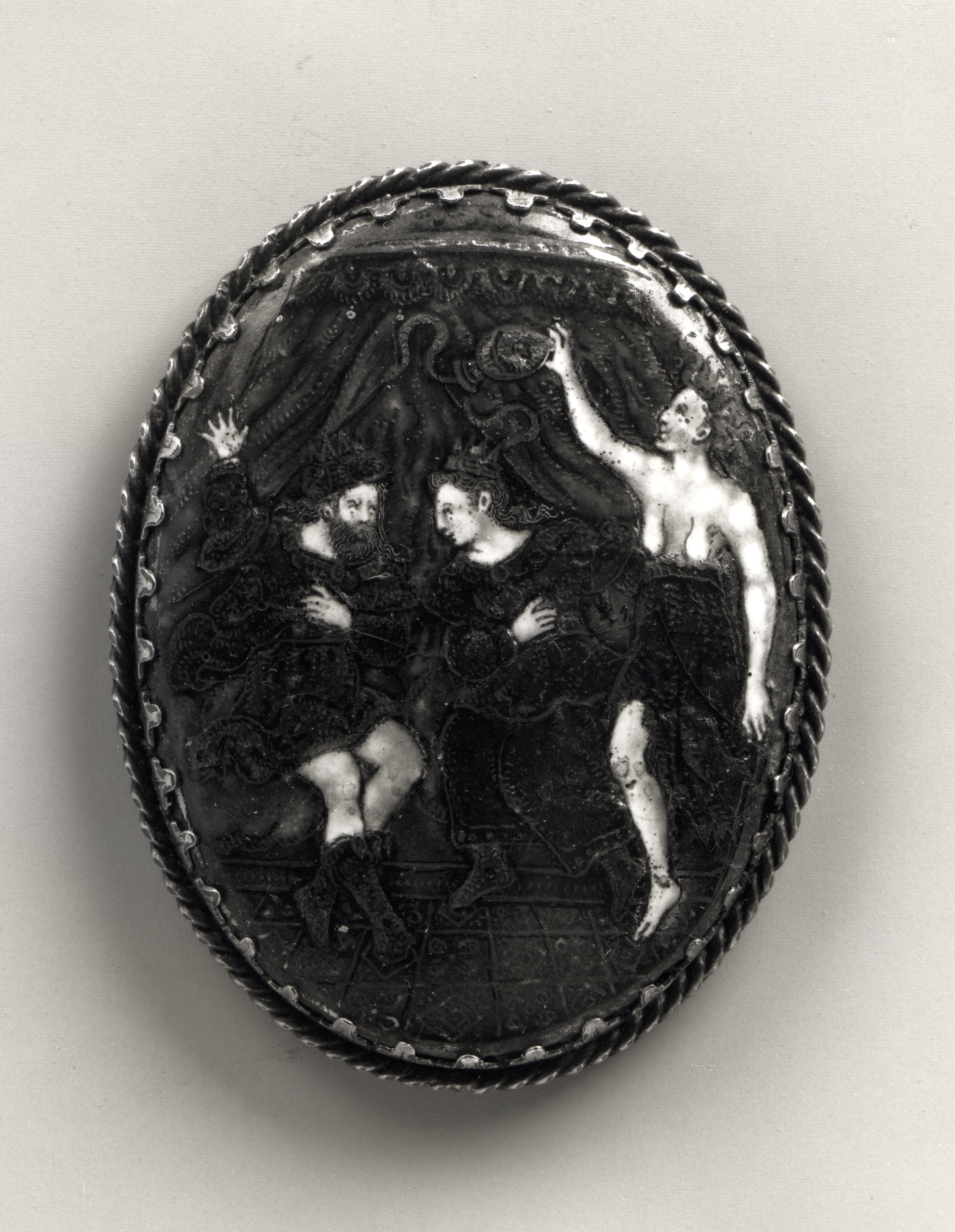 Watchcase cover: Tisiphone Casting Snakes at Athamas and Ino, Jean de Court (French, active ca. 1555–85) or, Painted enamel, partly gilt on copper, mounted on brass; silver-gilt frame
