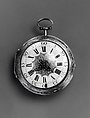 Watch Painted with a Pastoral Scene, Outer case of painted enamel on gold. Inner case of gold with an unidentified
maker’s mark consisting of the letters ic over b below a
coronet (incuse) on the interior and an eagle’s head, a French
guarantee mark for gold in use between 1 January 1847 and
1 July 1919 on the pendant. Dial of gold and white enamel
with black numerals; silver hands set with diamond chips.
Movement of gilt brass and steel. Movement signed (on the
back plate): Tomson/london., French and probably Swiss