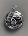Watch Painted with a Pastoral Scene, Outer case of painted enamel on gold. Inner case of gold with an unidentified
maker’s mark consisting of the letters ic over b below a
coronet (incuse) on the interior and an eagle’s head, a French
guarantee mark for gold in use between 1 January 1847 and
1 July 1919 on the pendant. Dial of gold and white enamel
with black numerals; silver hands set with diamond chips.
Movement of gilt brass and steel. Movement signed (on the
back plate): Tomson/london., French and probably Swiss
